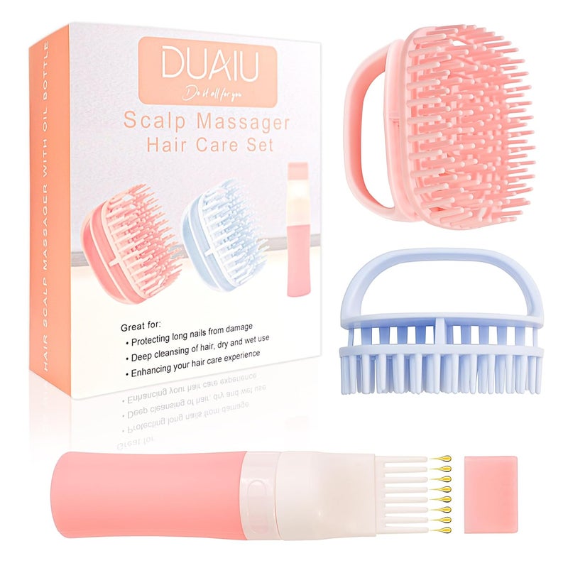 DUAIU Hair Oil Applicator with 2PCS Scalp Massager, Silicone Root Comb Applicator Bottle and Silicone Shampoo Brush Set, Scalp Scrubber Bottle for Hair Dye and Care
