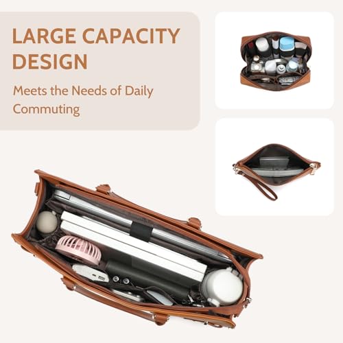 Keyli 3pc Sets Laptop Tote Bag for Women 15.6 Inch Work Bag Business Computer Briefcase Waterproof Leather Laptop Purses Casual Shoulder Handbag Messenger Bags for Travel Teacher Office Brown - Image 5