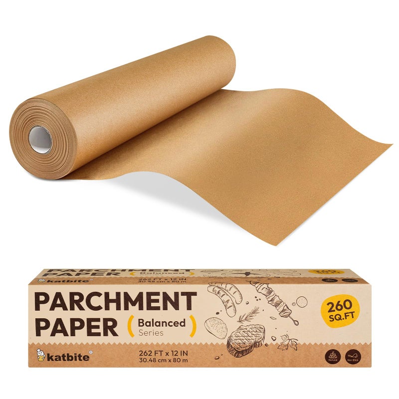 Katbite 12in x 262ft Unbleached Parchment Paper Roll 260 SqFt Balanced Series NonStick Extra Long Parchment Baking Paper with Portable Serrated Cutter for Baking Cooking Balanced Series