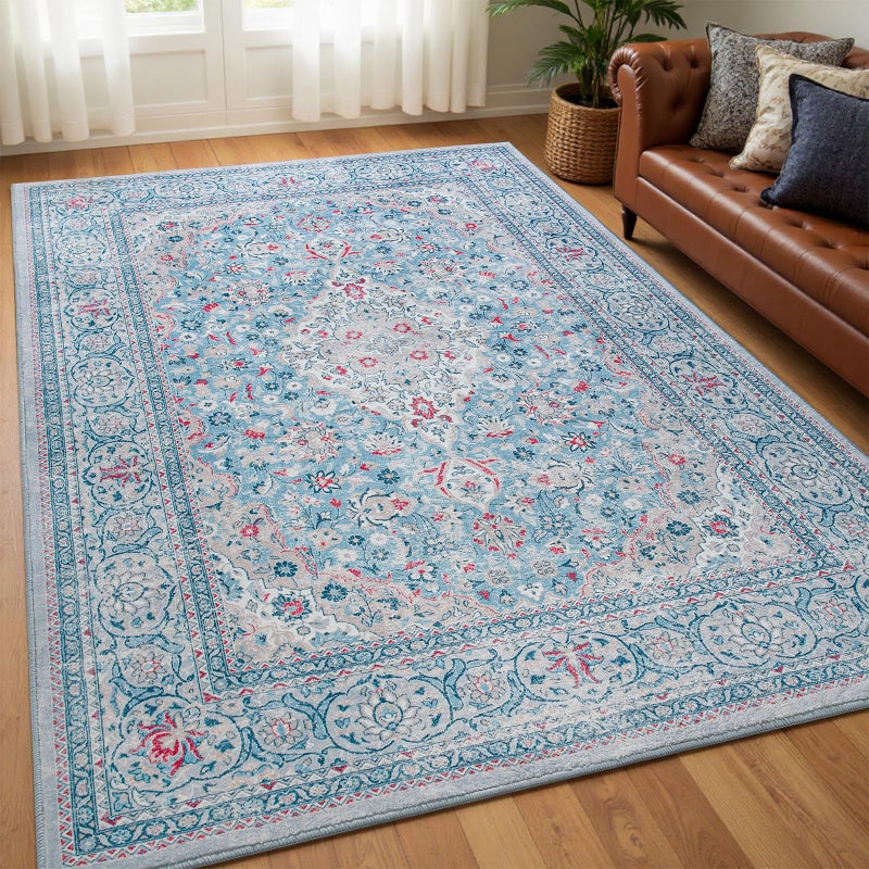 Goideal Washable Rug 4x6, Blue Area Rugs Non Slip, Indoor Low Pile Carpet with Rubber Backing for Living Room Kitchen Bathroom Entryway Office Bedroom - Image 1