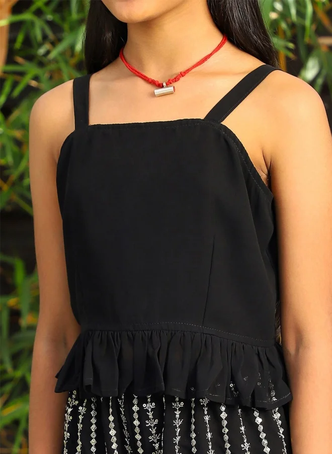 AKS Black Square Neck Top With Embroidered Palazzos For Girls