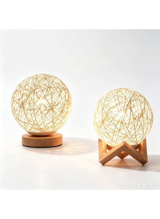 Hand‑woven Rattan Ball LED Night Light Wooden Base Warm Atmosphere Table Lamp For Bedroom Decor - Image 1