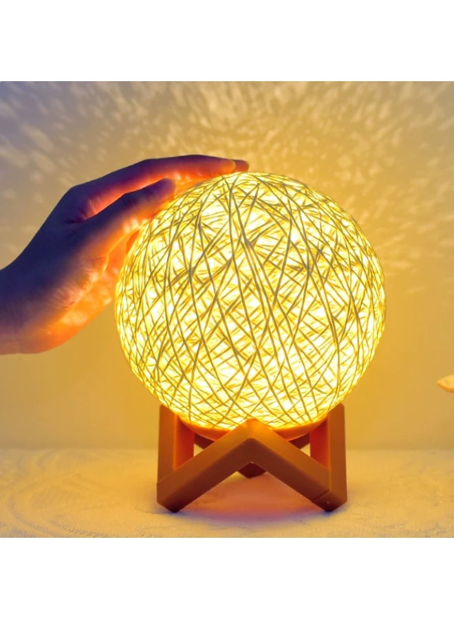 Hand‑woven Rattan Ball LED Night Light Wooden Base Warm Atmosphere Table Lamp For Bedroom Decor - Image 3