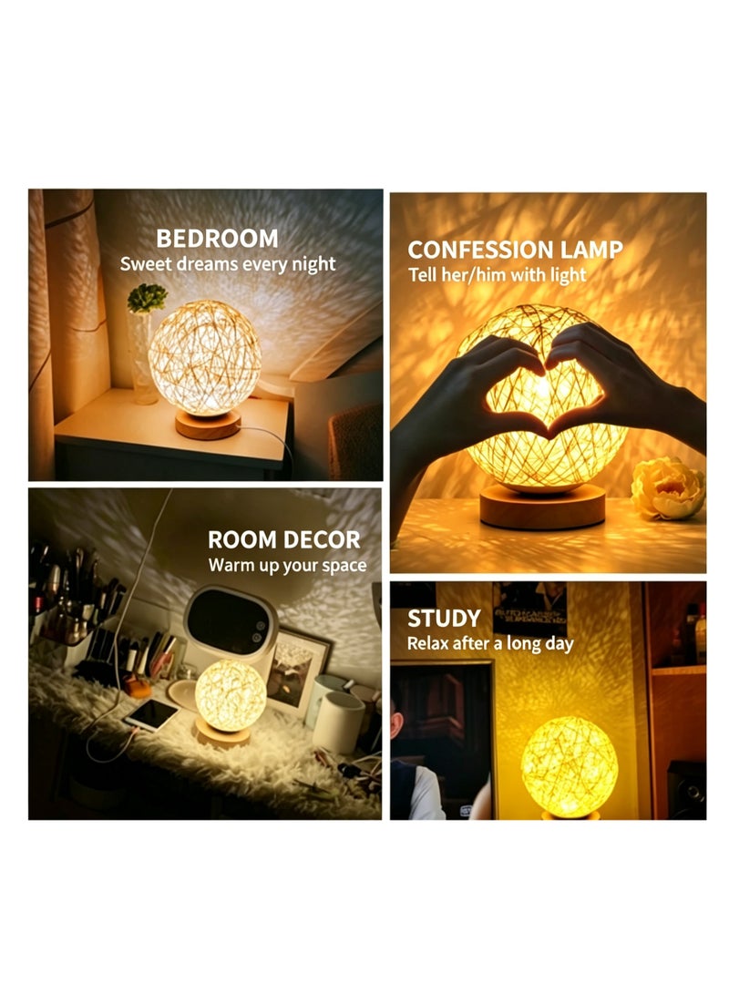 Hand‑woven Rattan Ball LED Night Light Wooden Base Warm Atmosphere Table Lamp For Bedroom Decor - Image 4