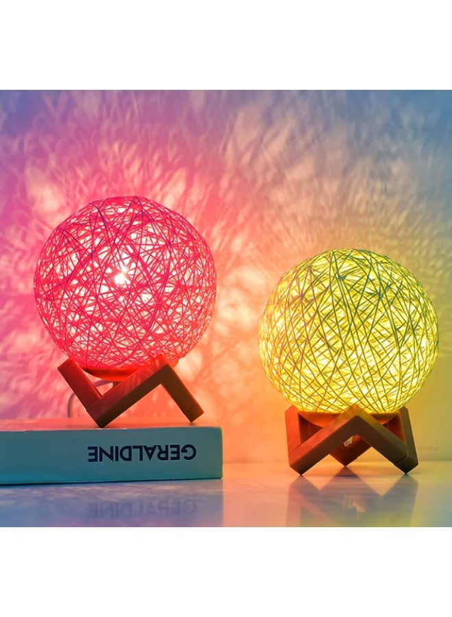 Hand‑woven Rattan Ball LED Night Light Wooden Base Warm Atmosphere Table Lamp For Bedroom Decor - Image 2
