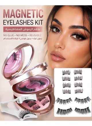 4 pair magnetic eyelash set features three layers of magnets: two complete pairs and two segmented pairs. It includes an applicator, produces natural-looking eyelashes, is suitable for beginners, is easy to put on and take off, easy to store, waterproof, and reusable. - view 4