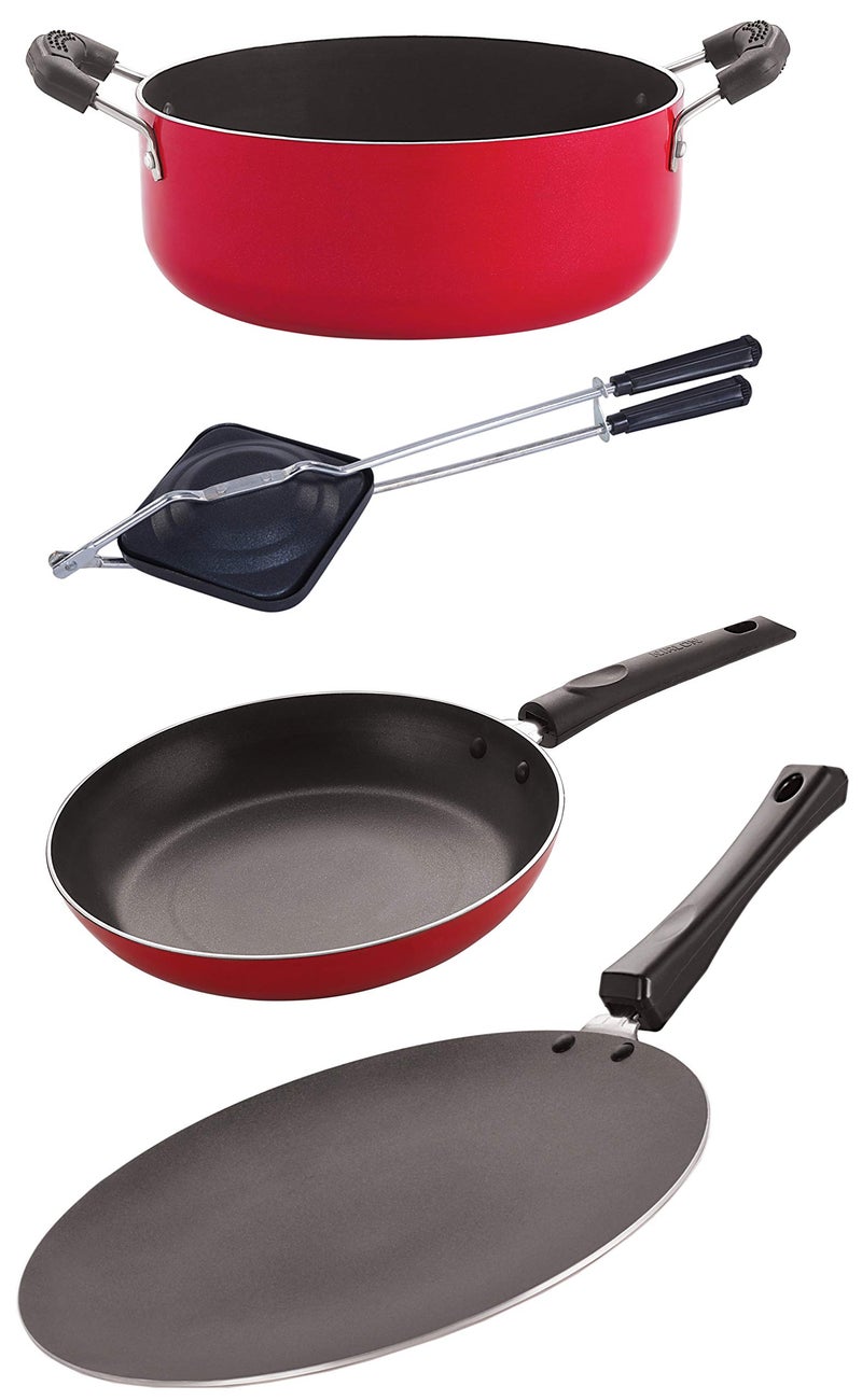 Nirlon Nonstick Premium Quality Aluminium Kitchenware 4 Pieces Set with Extreme Durability, Red (Concave Tawa 27.5cm + Tapper Pan 1 LTR + Hand Toster + Casserole 3.1 LTR) - Image 1