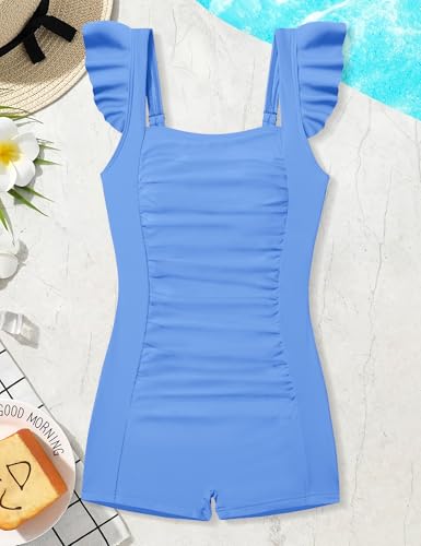 Aulyffo Teen Bathing Suits for Girls 12-14 Teen Swimsuits for Girl 12-14 One Piece Swimsuit Solid Bathing Suit Sleeveless Girls' Swimwear Light Blue 13-14 Years - Image 4