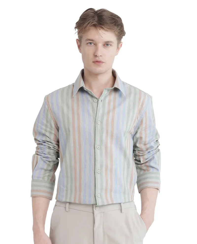 Rare Rabbit Rare Rabbit Men's Tock Grey Cotton Fabric Full Sleeve Regular Collared Button Closure Multicolor Stripe Shirt