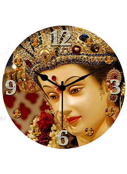 KARTIK KARTIK™ Sherawali MATA Printed Designer Round Wooden Wall Clock Without Glass for Home/Living Room/Bedroom/Kitchen and Office - 11X11 Inches (Multicolor)  - Image 1