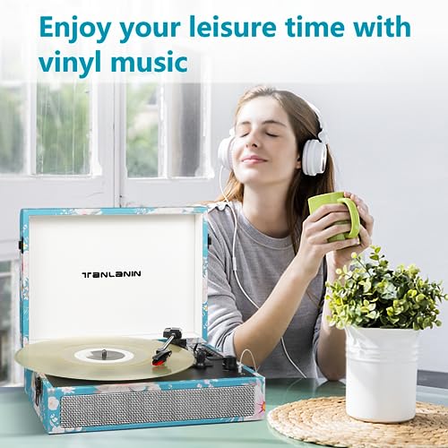TANLANIN Vintage Bluetooth Vinyl Record Player 3-Speed with Built-in Speakers, Portable Suitcase LP Vinyl Player with USB Recording, Wireless Music Playback, RCA/AUX/Headphone Jack, Retro Turntable - Image 4
