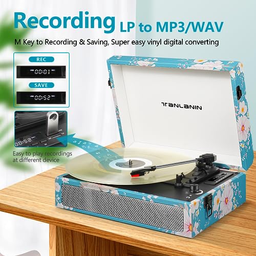 TANLANIN Vintage Bluetooth Vinyl Record Player 3-Speed with Built-in Speakers, Portable Suitcase LP Vinyl Player with USB Recording, Wireless Music Playback, RCA/AUX/Headphone Jack, Retro Turntable - Image 5