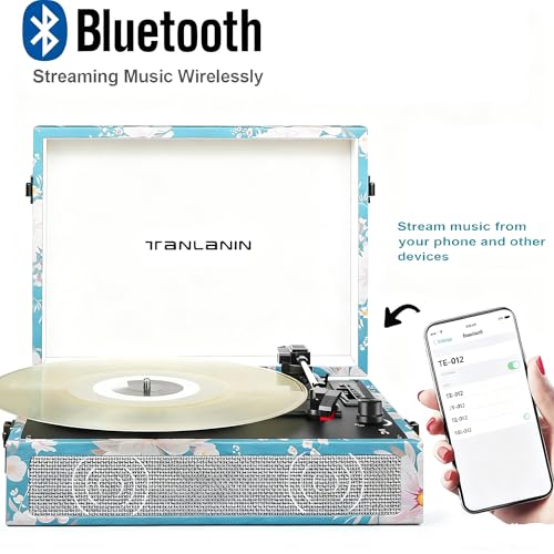 TANLANIN Vintage Bluetooth Vinyl Record Player 3-Speed with Built-in Speakers, Portable Suitcase LP Vinyl Player with USB Recording, Wireless Music Playback, RCA/AUX/Headphone Jack, Retro Turntable - Image 3