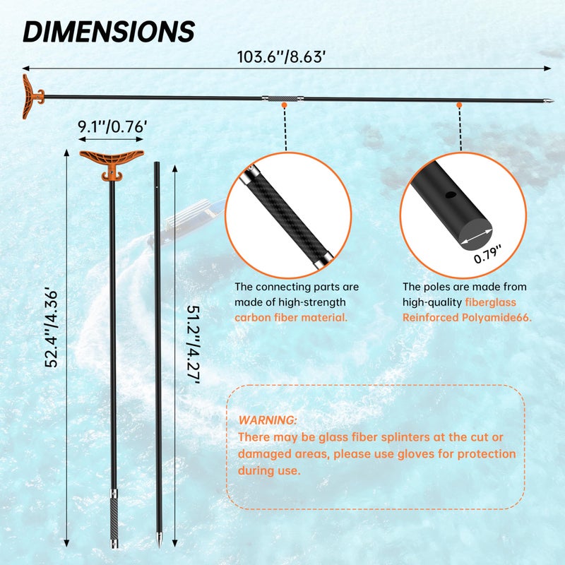itayak 8.63' Shallow Water Anchor Pole with T-Handle, 2 Piece High Strength Fiberglass Reinforced Polyamide66, for Fishing Kayak, Orange (Gloves Included) (8.63 ft) - Image 2