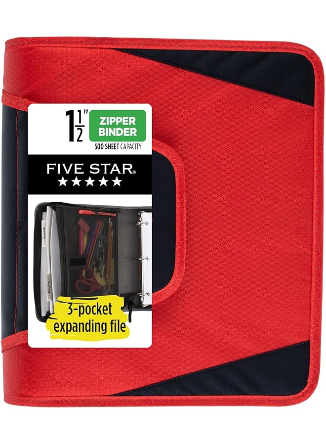 Five Star Zipper Binder 1 1 2 Inch 3 Ring Binder For School 3 Pocket Expanding File 500 Sheet Capacity Red 72206 - Image 1