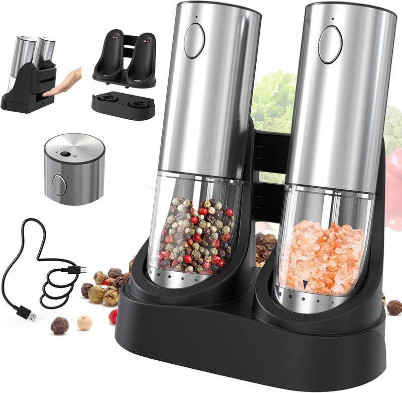 CircleJoy 2-Speed Electric Salt and Pepper Grinder Set Rechargeable Stainless Steel Pepper Mills with Charging Base, LED Light and External Adjustable Coarseness for Hygienic Easy Use - Image 1