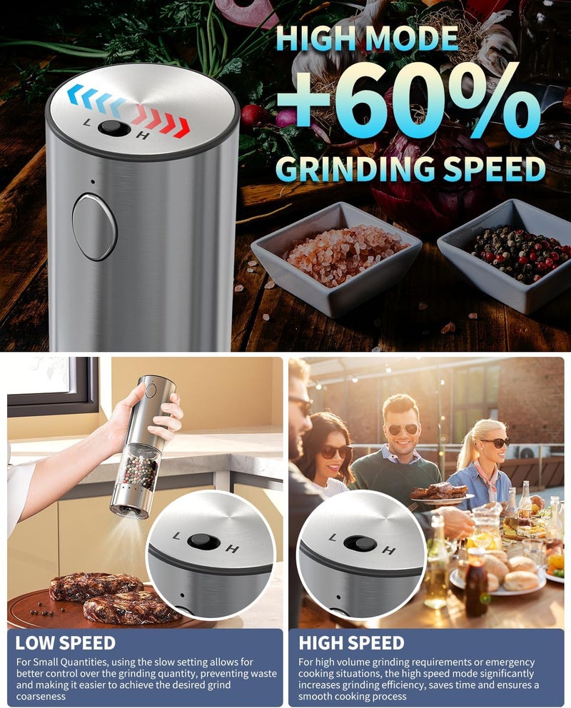 CircleJoy 2-Speed Electric Salt and Pepper Grinder Set Rechargeable Stainless Steel Pepper Mills with Charging Base, LED Light and External Adjustable Coarseness for Hygienic Easy Use - Image 2