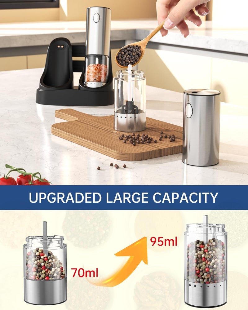 CircleJoy 2-Speed Electric Salt and Pepper Grinder Set Rechargeable Stainless Steel Pepper Mills with Charging Base, LED Light and External Adjustable Coarseness for Hygienic Easy Use - Image 5