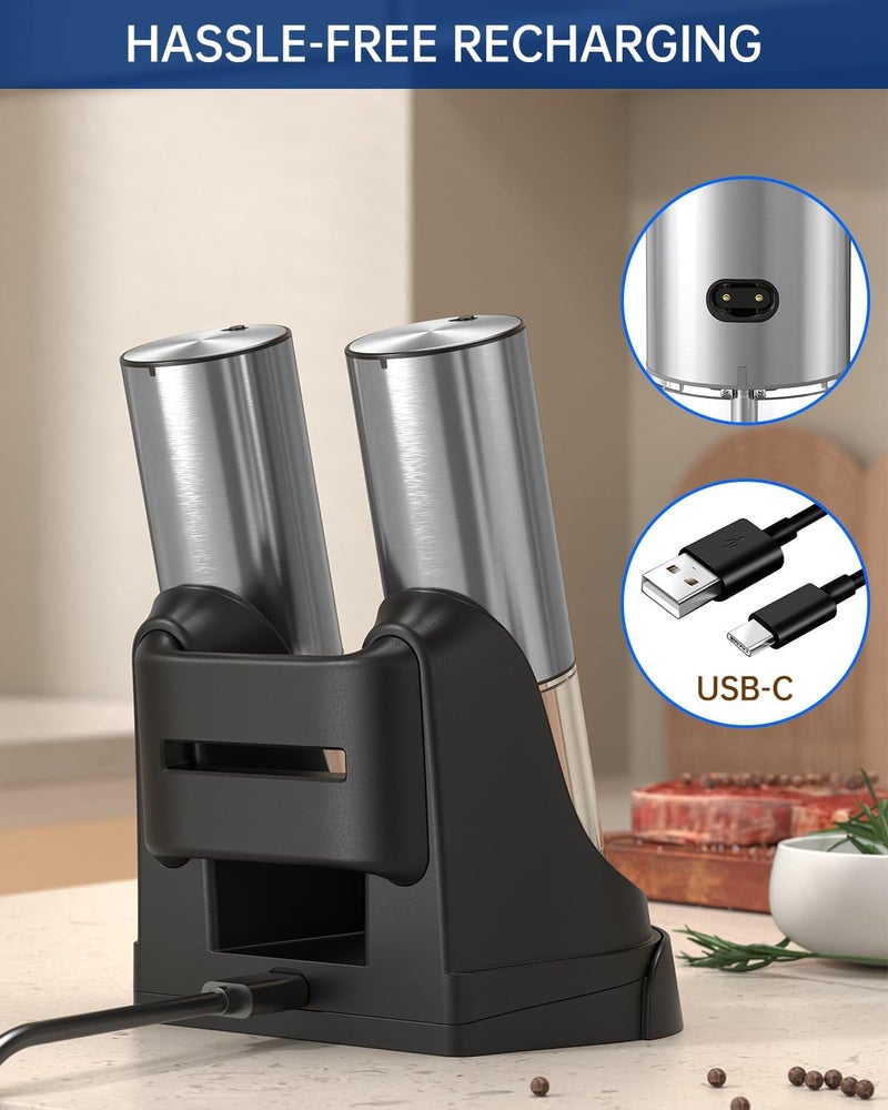 CircleJoy 2-Speed Electric Salt and Pepper Grinder Set Rechargeable Stainless Steel Pepper Mills with Charging Base, LED Light and External Adjustable Coarseness for Hygienic Easy Use - Image 4