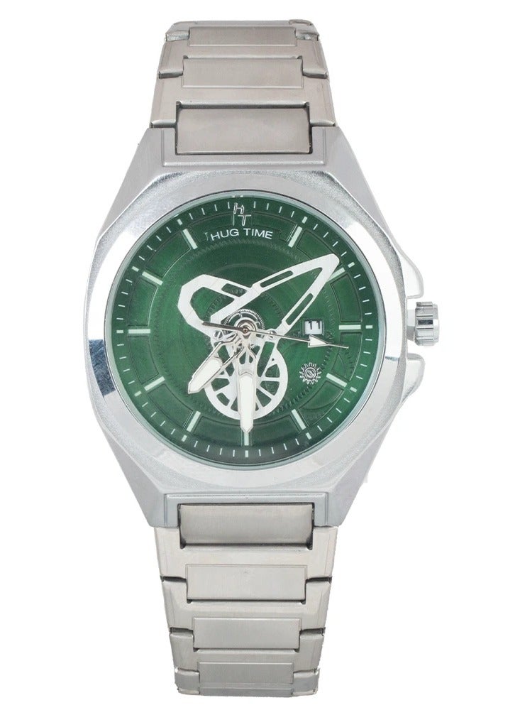 phoneme Analog wristwatch for men from PHONEME with a silver frame and green dial, water-resistant up to 30 meters. - Image 1