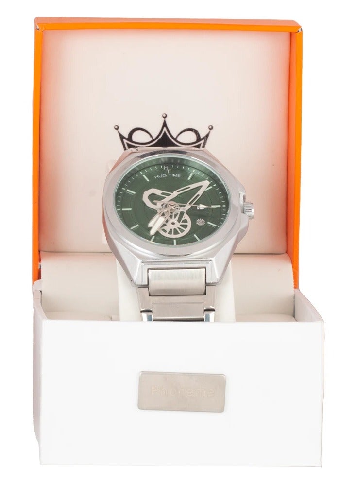 phoneme Analog wristwatch for men from PHONEME with a silver frame and green dial, water-resistant up to 30 meters. - Image 3
