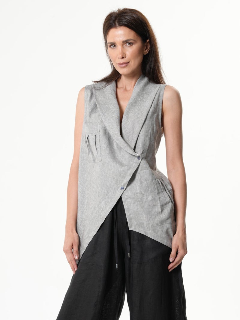 Metamorphoza Asymmetric Linen Top In Gray - Image 1