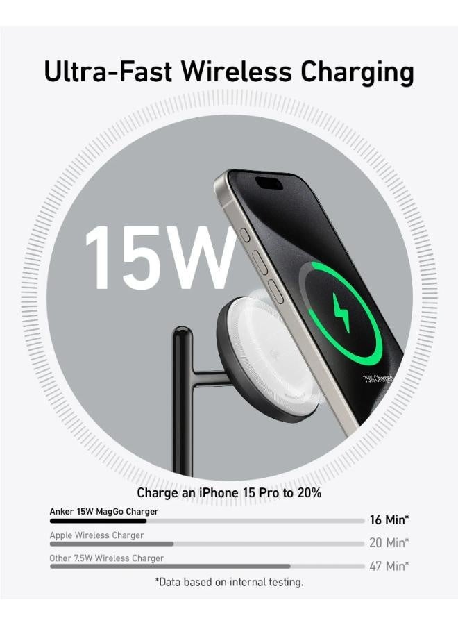 شاحن MagSafe متوافق، محطة شحن لاسلكية Anker 3 في 1، حامل لاسلكي معتمد من Qi2 بقوة 15 وات، لسلسلة iPhone 15/14، وAirPods Pro، وApple Watch Ultra (شاحن USB C وكابل متضمنان) - Image 4