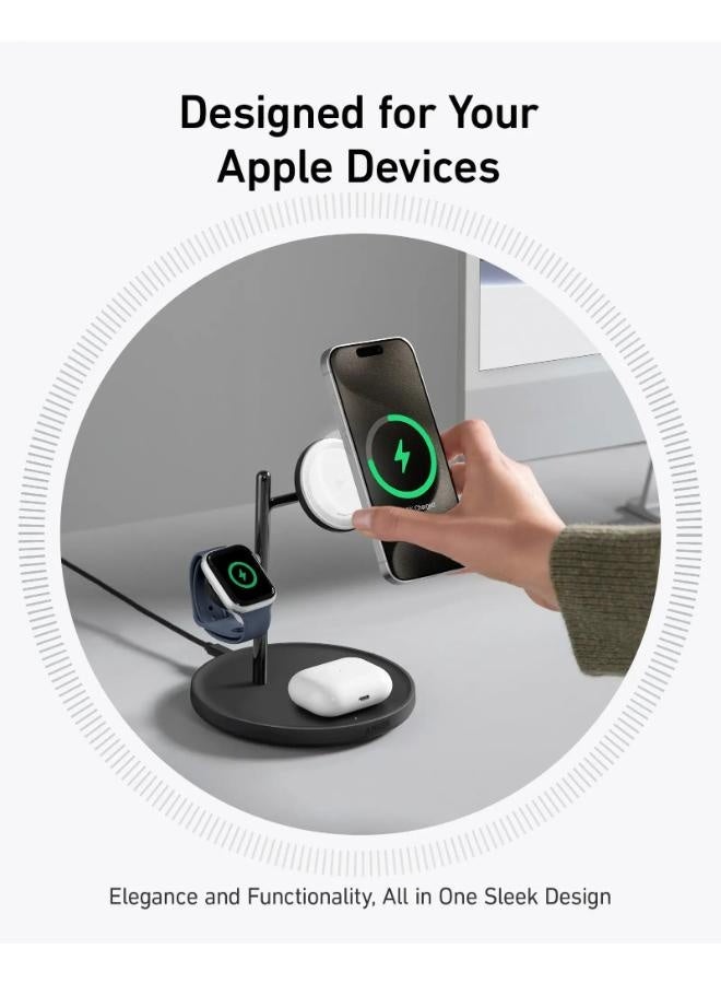 شاحن MagSafe متوافق، محطة شحن لاسلكية Anker 3 في 1، حامل لاسلكي معتمد من Qi2 بقوة 15 وات، لسلسلة iPhone 15/14، وAirPods Pro، وApple Watch Ultra (شاحن USB C وكابل متضمنان) - Image 5