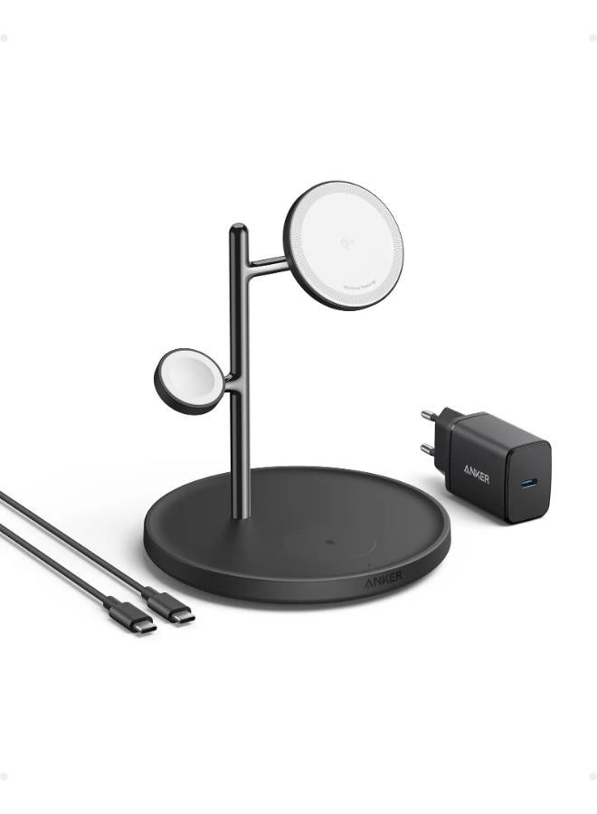 شاحن MagSafe متوافق، محطة شحن لاسلكية Anker 3 في 1، حامل لاسلكي معتمد من Qi2 بقوة 15 وات، لسلسلة iPhone 15/14، وAirPods Pro، وApple Watch Ultra (شاحن USB C وكابل متضمنان) - Image 1