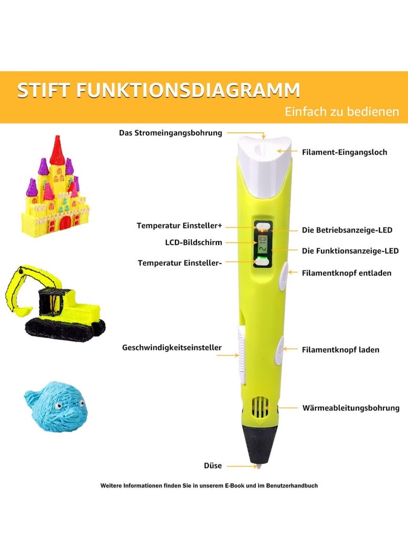 TIGER 3D Printer Pen Set for Kids & Adults – Includes 3D Pen with 12 Colors of 1.75mm PLA Filament (3m Each) – Model 02A Yellow, Creative Art & DIY for Beginners  - Image 4