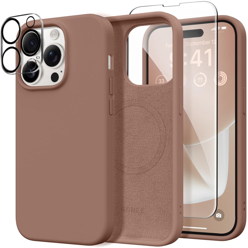 GONEZ for iPhone 14 Pro Case, Compatible with Magsafe, with Screen Protector + Camera Lens Protector, Soft Anti-Scratch Microfiber Lining, Shockproof Liquid Silicone Phone Cover, Brown - Image 1