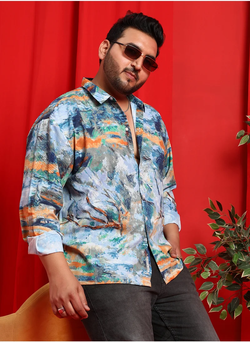 انستافاب بلس Instafab Plus Men's Sky Blue & Pumkin Orange Indie-Block Shirt For Casual Wear | Spread Collar | Long Cuffed Sleeves | Button Closure | Plus Size Shirt Crafted With Comfort Fit For Everyday Wear