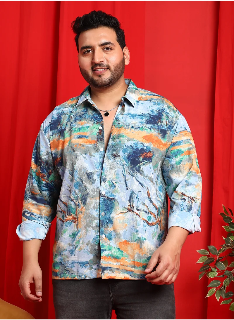 انستافاب بلس Instafab Plus Men's Sky Blue & Pumkin Orange Indie-Block Shirt For Casual Wear | Spread Collar | Long Cuffed Sleeves | Button Closure | Plus Size Shirt Crafted With Comfort Fit For Everyday Wear