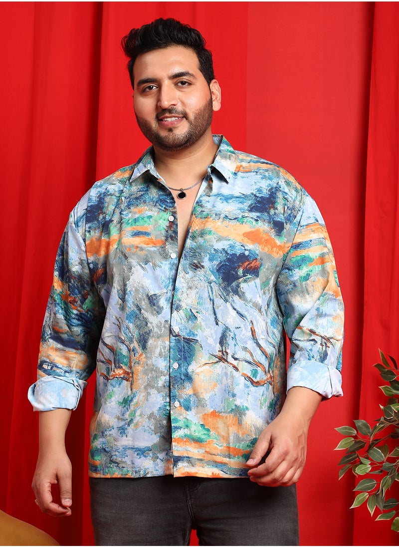 Instafab Plus Instafab Plus Men's Sky Blue & Pumkin Orange Indie-Block Shirt For Casual Wear | Spread Collar | Long Cuffed Sleeves | Button Closure | Plus Size Shirt Crafted With Comfort Fit For Everyday Wear  - Image 2