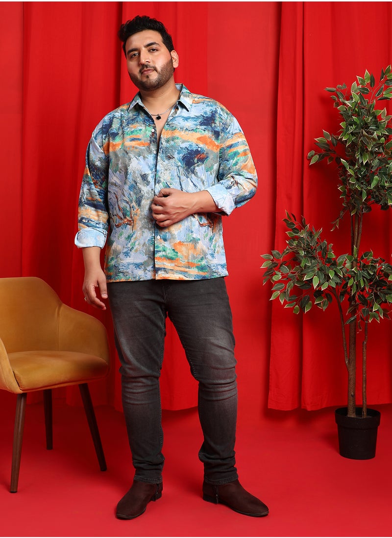 Instafab Plus Instafab Plus Men's Sky Blue & Pumkin Orange Indie-Block Shirt For Casual Wear | Spread Collar | Long Cuffed Sleeves | Button Closure | Plus Size Shirt Crafted With Comfort Fit For Everyday Wear  - Image 5