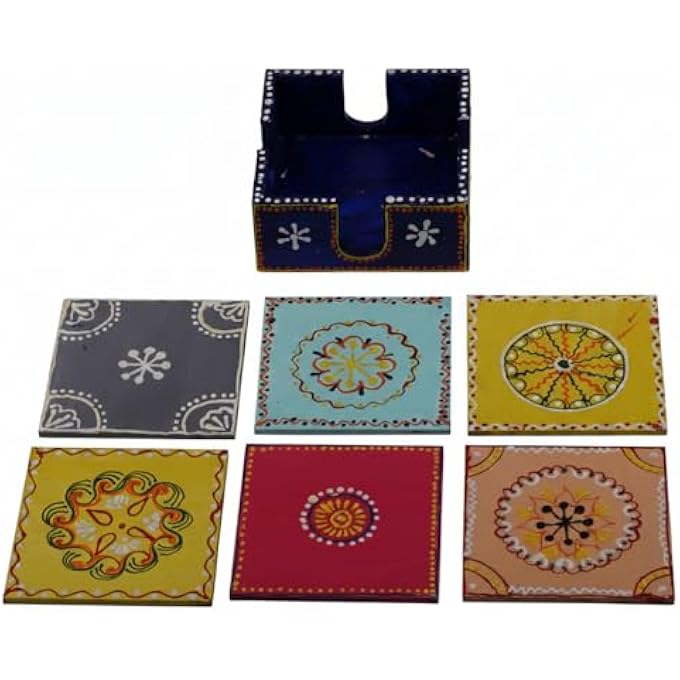 RIGID Handcrafted Tea Coaster Set Of 6  Vibrant Blue Wooden Holder With Colorful Floral Design Stylish  Durable Drink Coasters For Tea Coffee And Home Decor 11 X 11 X 5 - Image 3