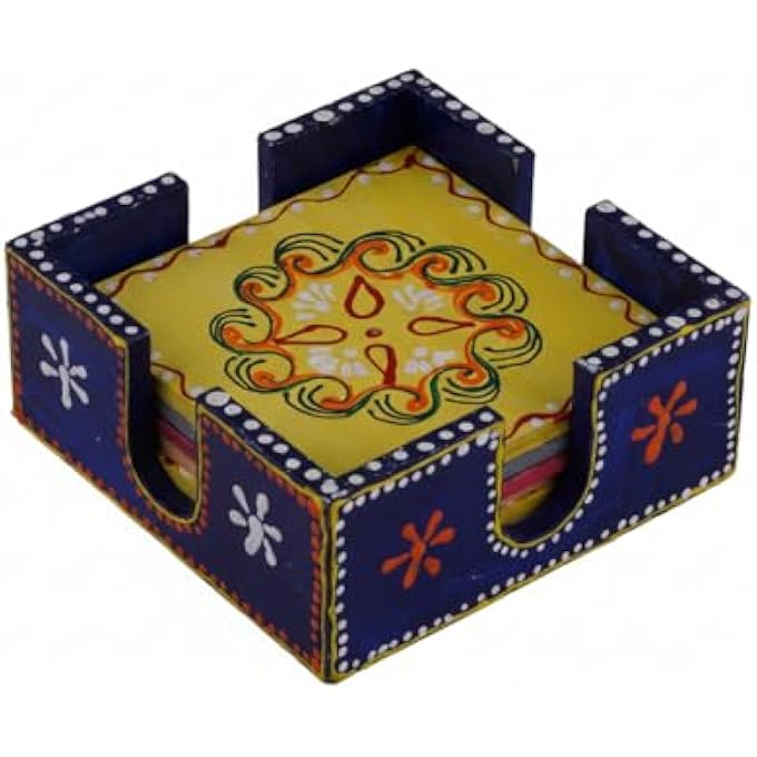 RIGID Handcrafted Tea Coaster Set Of 6  Vibrant Blue Wooden Holder With Colorful Floral Design Stylish  Durable Drink Coasters For Tea Coffee And Home Decor 11 X 11 X 5 - Image 1