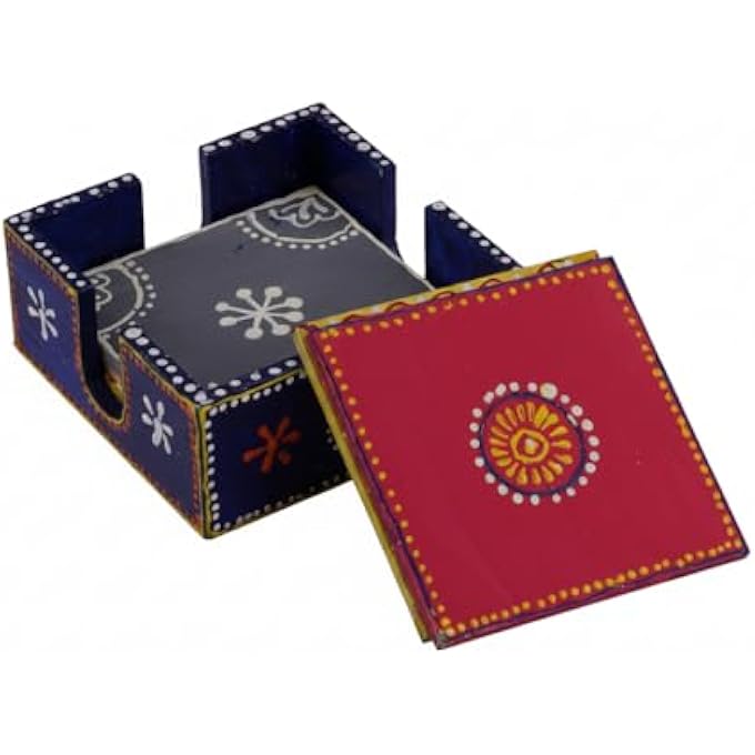 RIGID Handcrafted Tea Coaster Set Of 6  Vibrant Blue Wooden Holder With Colorful Floral Design Stylish  Durable Drink Coasters For Tea Coffee And Home Decor 11 X 11 X 5 - Image 2