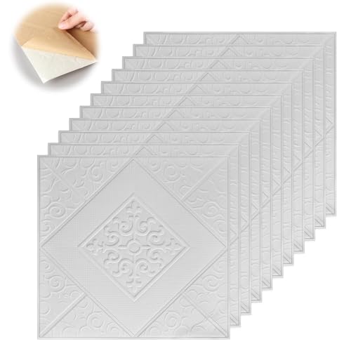 Nuanchu 20 Pcs Foam Drop Ceiling Tiles Peel and Stick White 3D Wall Panels 261055 Sq ft Adhesive Glue up Waterproof Wallpaper DIY for Office Home 138 x 138 InchElegant - Image 1