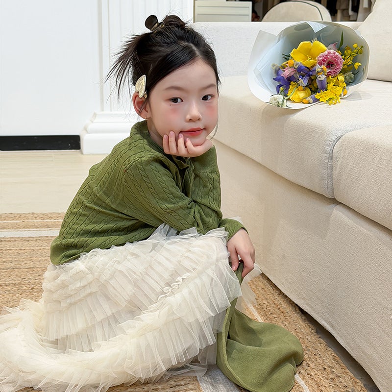 Aimo Beibei Children''s Korean-Style Spring Atmosphere Gentle Retro Cable-Knit Cardigan Classic Twist Knit Jacket - Image 1