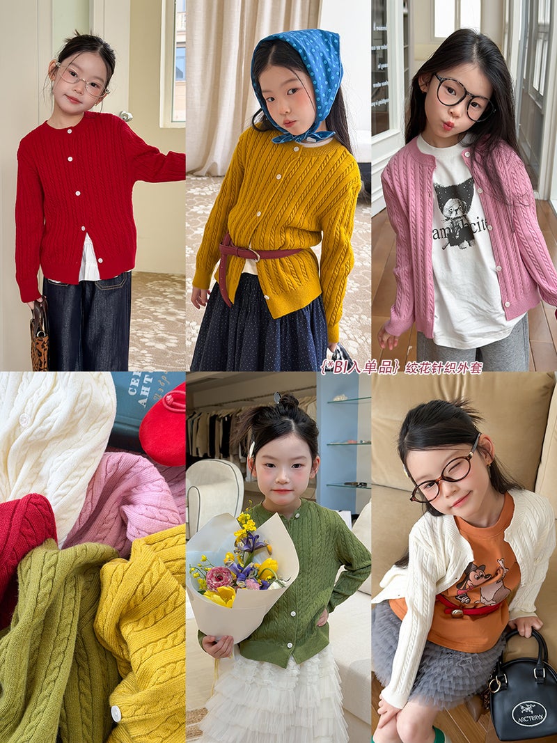 Aimo Beibei Children''s Korean-Style Spring Atmosphere Gentle Retro Cable-Knit Cardigan Classic Twist Knit Jacket - Image 2