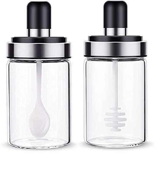 Onlyeasy Kitchen Spice Jar With Spoon High Borosilicate Glass Jar For Salt Spice Honey Sugar Ghee Storage Bottle Glass Container Jar 250ml SET OF 2 - Image 1