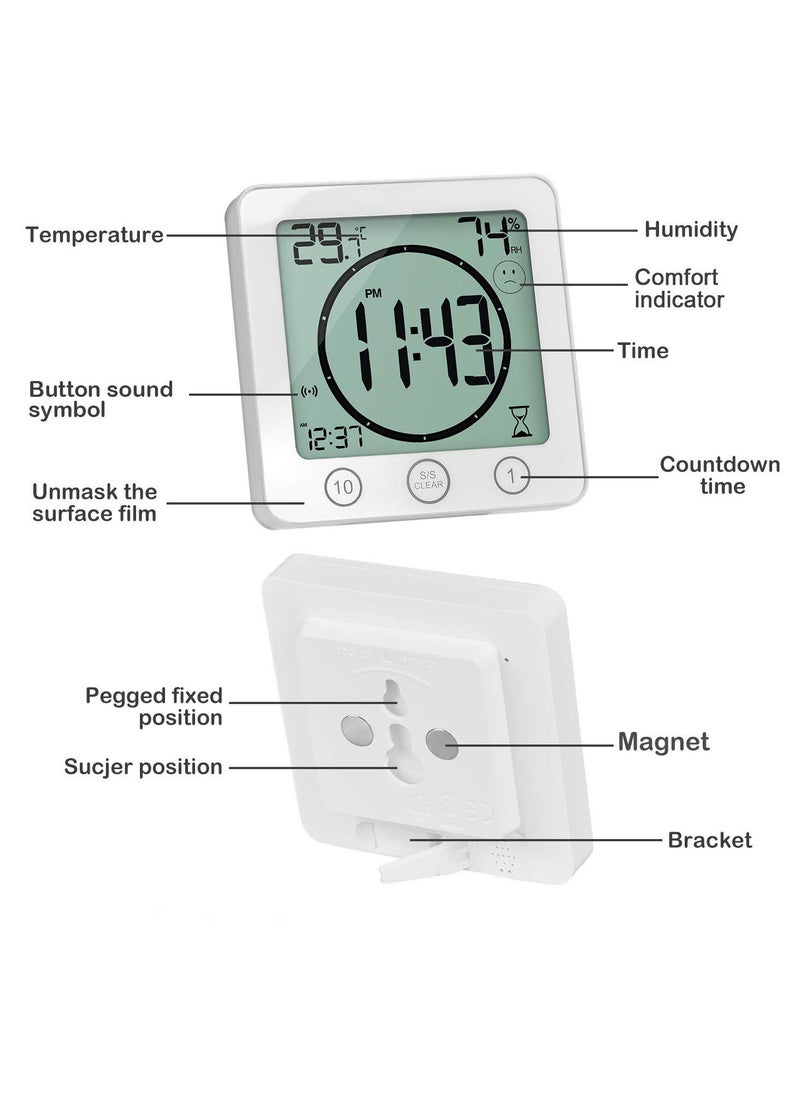 Bathroom Clock with Thermometer Hygrometer, Digital Temperature Humidity Meter Gauge Monitor Shower Timer with Alarm for Bathroom Kitchen White - Image 4