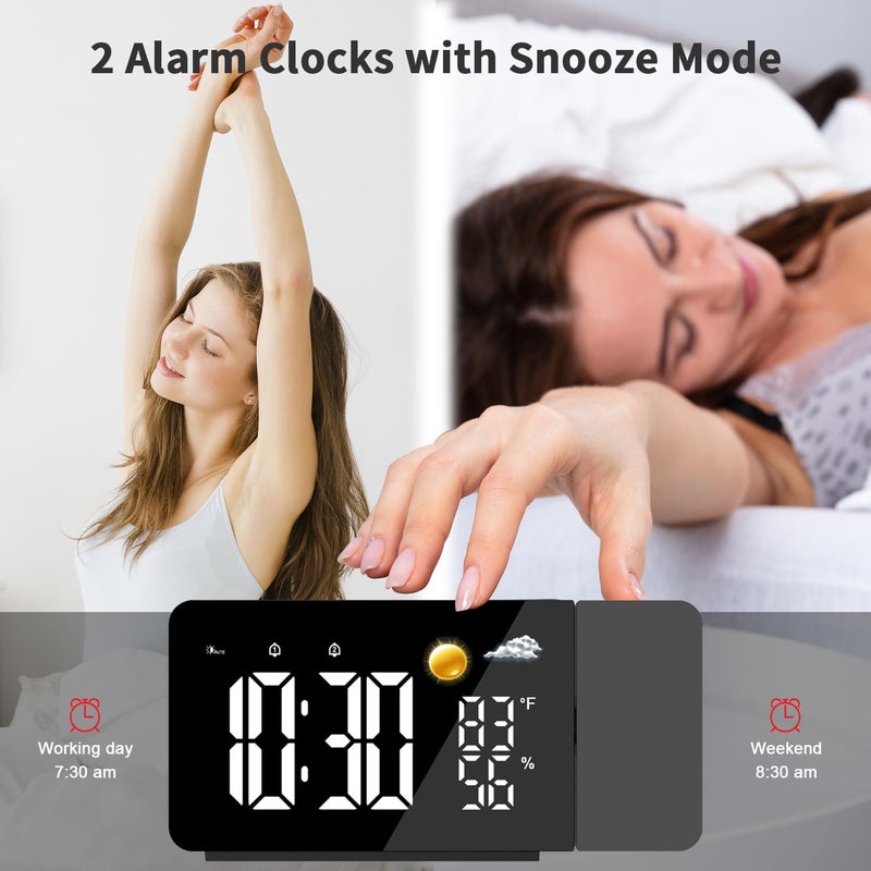 uzoli Projection Alarm Clock for Bedroom Ceiling, Digital Projection Clock with USB Port, Temperature, Humidity, Battery Backup, Adjustable Loud Alarm Clock for Heavy Sleeper, Rotatable Projector - Image 4