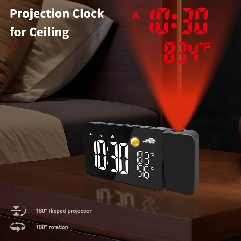 uzoli Projection Alarm Clock for Bedroom Ceiling, Digital Projection Clock with USB Port, Temperature, Humidity, Battery Backup, Adjustable Loud Alarm Clock for Heavy Sleeper, Rotatable Projector - Image 2