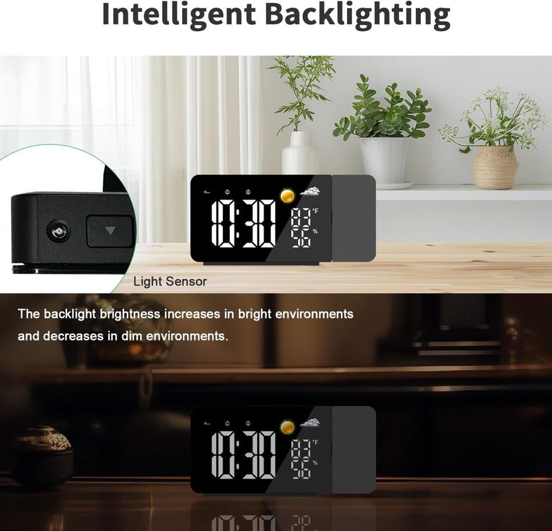 uzoli Projection Alarm Clock for Bedroom Ceiling, Digital Projection Clock with USB Port, Temperature, Humidity, Battery Backup, Adjustable Loud Alarm Clock for Heavy Sleeper, Rotatable Projector - Image 3