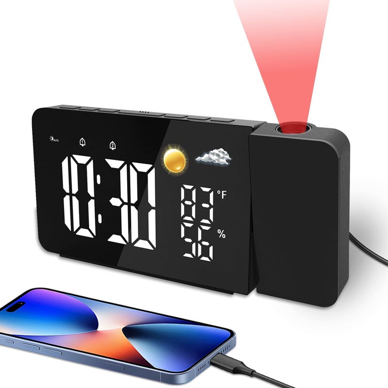 uzoli Projection Alarm Clock for Bedroom Ceiling, Digital Projection Clock with USB Port, Temperature, Humidity, Battery Backup, Adjustable Loud Alarm Clock for Heavy Sleeper, Rotatable Projector - Image 1