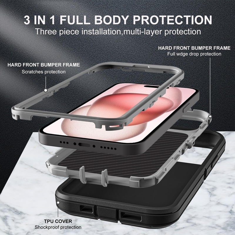 YKHJKLEC for iPhone 15 Case, Military Grade 3 in 1 Heavy Duty Shockproof/Drop Proof/Dust Proof Case with 2Pcs Tempered Glass Screen Protector (Black/Grey) - Image 4