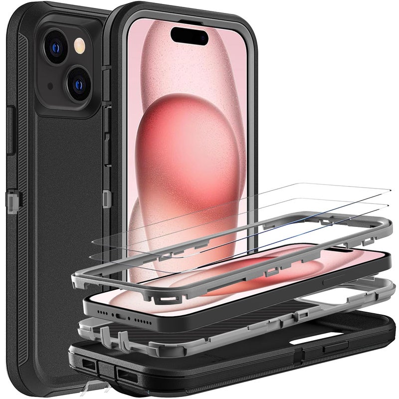 YKHJKLEC for iPhone 15 Case, Military Grade 3 in 1 Heavy Duty Shockproof/Drop Proof/Dust Proof Case with 2Pcs Tempered Glass Screen Protector (Black/Grey) - Image 1