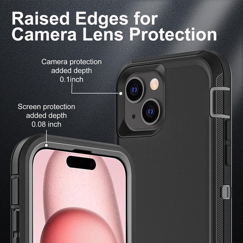 YKHJKLEC for iPhone 15 Case, Military Grade 3 in 1 Heavy Duty Shockproof/Drop Proof/Dust Proof Case with 2Pcs Tempered Glass Screen Protector (Black/Grey) - Image 3